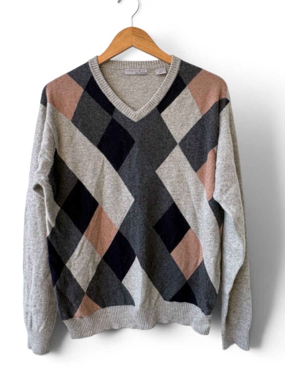 American Blue 100% Cashmere Argyle V Neck Sweater Men’s Medium